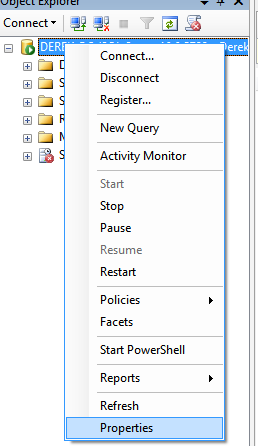 Properties_Server_Instance SSMS Context menu for Server Instance
