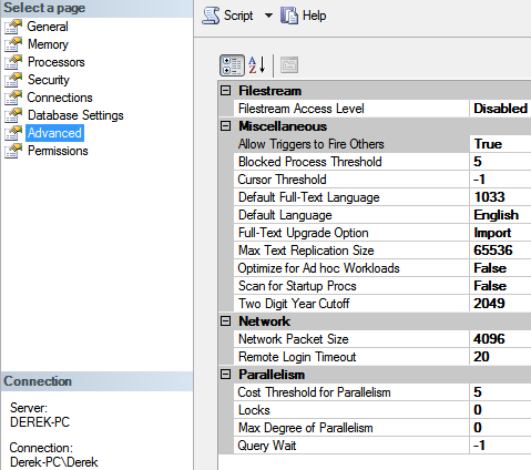 Properties_Server_Instance_Advanced Cost Threshold for Parallelism Setting