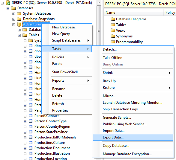 Wizard method for MS SQL export table